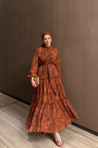 Aleda Kiremit Desenli Elbise