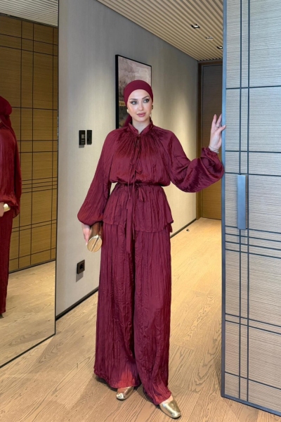 Bensu Pantolonlu Takım Bordo