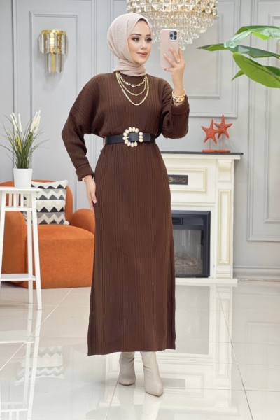 Aleyna triko elbise kahverengi
