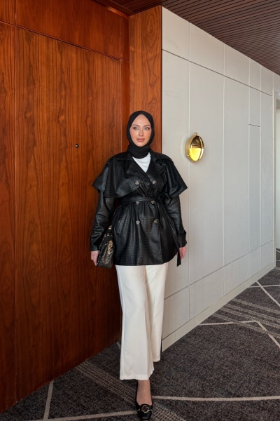 Saliha Deri Trençkot Siyah