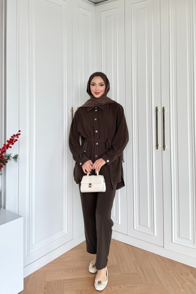 Selen Pantolonlu Takım Kahve