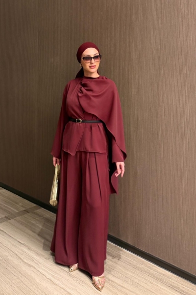 Songül Pantolonlu Takım Bordo