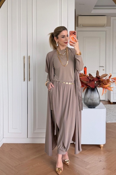 Zarife  Üçlü Pantolon Takım Vizon 