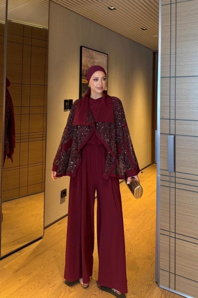 Neziha Pantolonlu Takım Bordo 