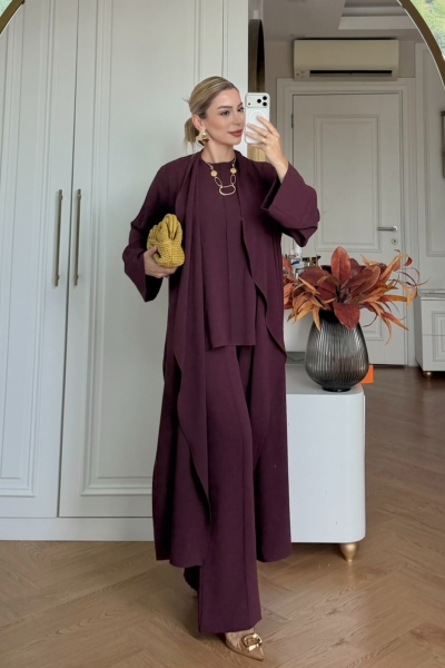 Parya Pantolonlu Takım Bordo