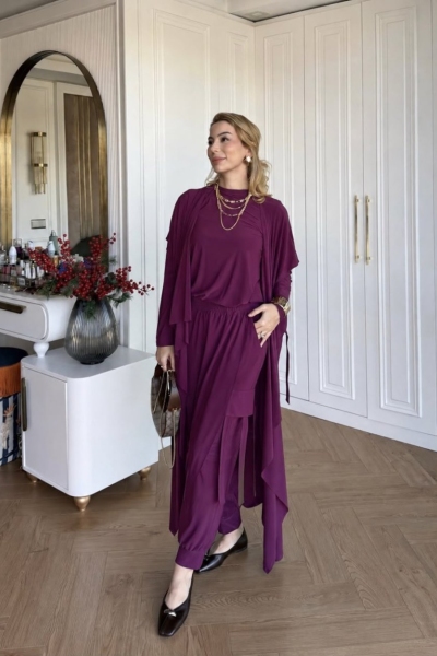 Zarife Üçlü Pantolon Takım Mürdüm