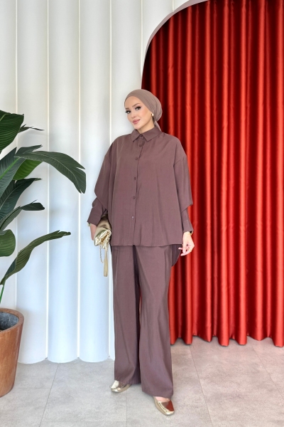 Figen Pantolonlu Takım Kahverengi