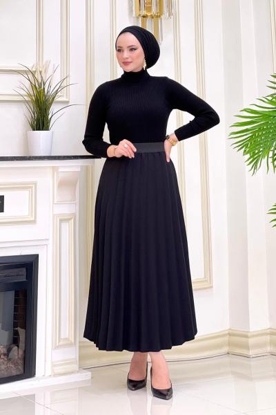 Beli Lastikli Piliseli Etek Siyah