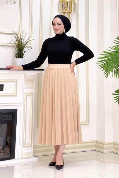 Beli Lastikli Piliseli Etek Vizon